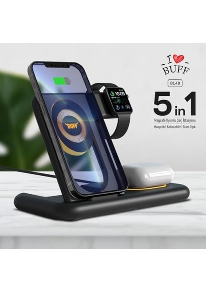 Labs Buff BL40 5in1 Telefon Watch Kulaklık Tutucu Kablosuz LED Işıklı Hızlı Şarj Standı modelleri