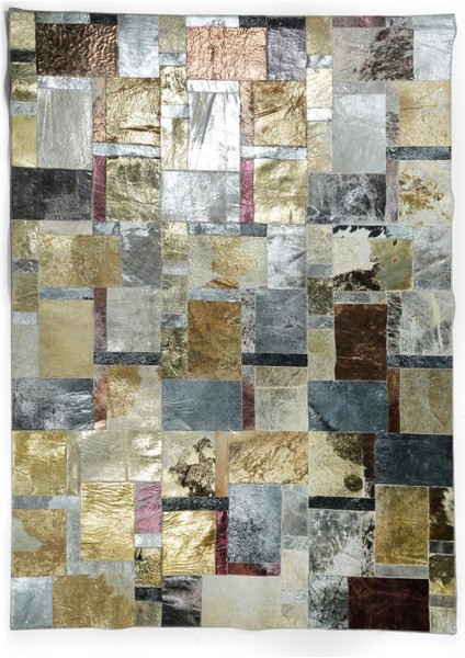 Altın Gümüş Renkli Dana Derisi Patchwork Halı – El Dokuma Gerçek Deri Dekoratif Giriş Halısı fırsatları