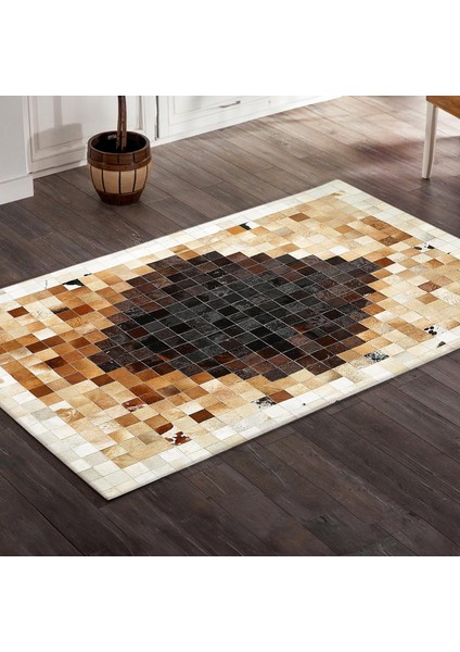 Kahverengi Bej Dana Derisi Patchwork Halı – El Yapımı Hakiki Deri Kaymaz Koridor Halısı