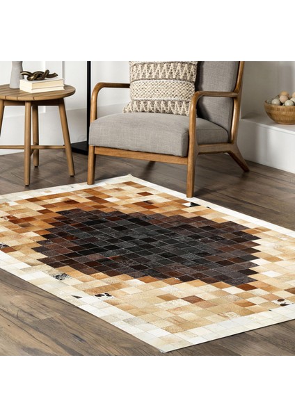 Kahverengi Bej Dana Derisi Patchwork Halı – El Yapımı Hakiki Deri Kaymaz Koridor Halısı fiyatları