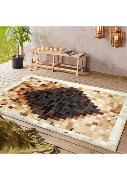 Kahverengi Bej Dana Derisi Patchwork Halı – El Yapımı Hakiki Deri Kaymaz Koridor Halısı fırsatları