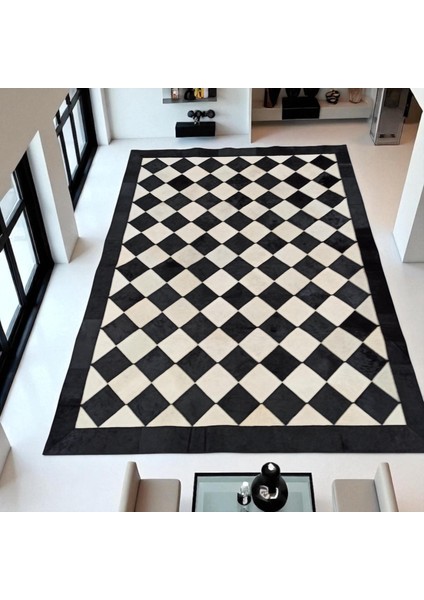 Siyah Beyaz Baklava Desenli Dana Derisi Patchwork Halı – El Yapımı Modern Salon Halısı fırsatları