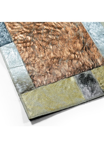 Altın Gümüş Renkli Dana Derisi Patchwork Halı – El Dokuma Gerçek Deri Dekoratif Giriş Halısı indirimleri