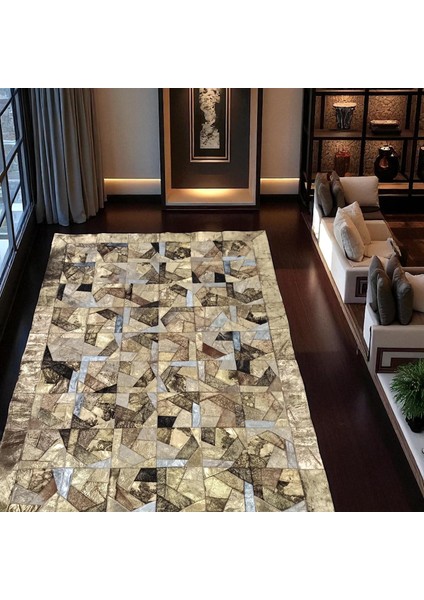 El Yapımı Patchwork Halı – Bej Renkli Doğal Dana Derisi Modern Ortam Halısı indirimleri
