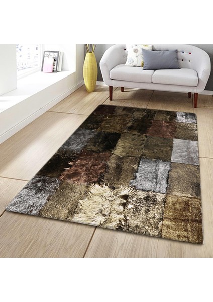 Altın Gümüş Dana Derisi Patchwork Halı – El Yapımı Hakiki Deri Lüks Ev Dekorasyonu Halısı