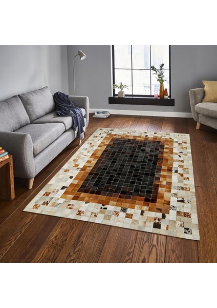 El Dokuma Gerçek Dana Derisi Halı – Kahverengi Patchwork Hakiki Deri Salon Halısı