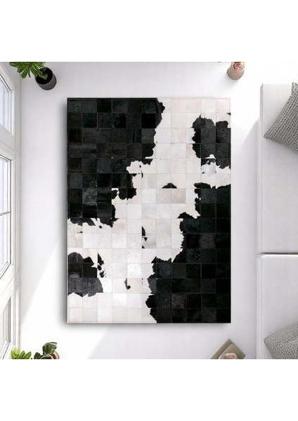 Beyaz Siyah Dana Derisi Patchwork Halı – El Yapımı Hakiki Deri Modern Dekoratif Halı