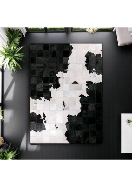 Beyaz Siyah Dana Derisi Patchwork Halı – El Yapımı Hakiki Deri Modern Dekoratif Halı modelleri