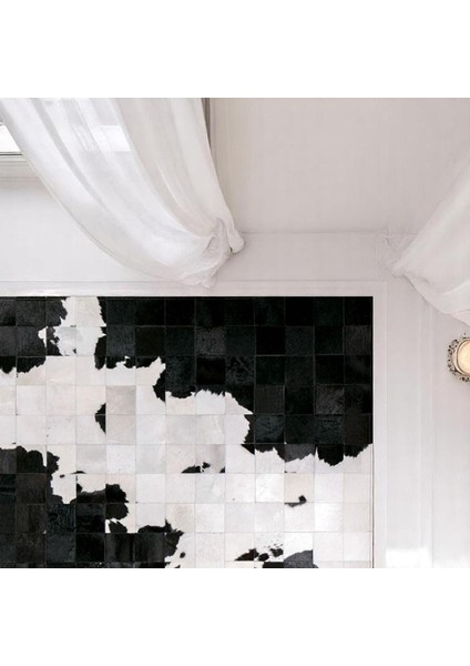 Beyaz Siyah Dana Derisi Patchwork Halı – El Yapımı Hakiki Deri Modern Dekoratif Halı indirimleri
