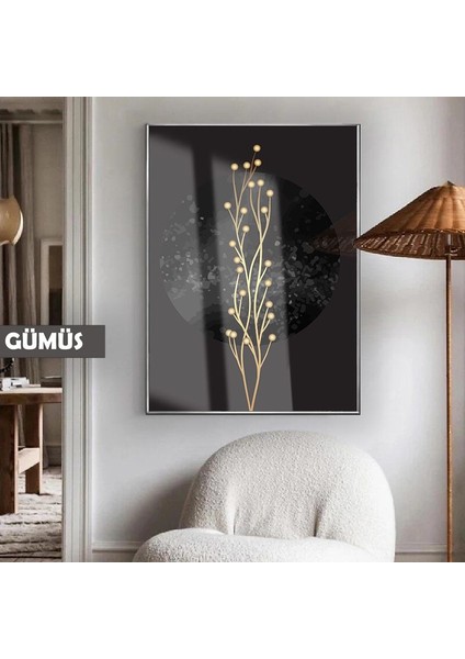 |altın Bitki Silueti Soyut Model 01 |çerçeveli Temperli Cam Tablo Tekli Dikey