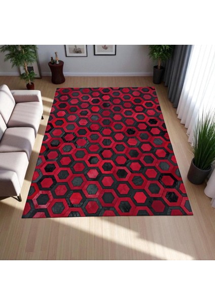 Kırmızı Siyah Dana Derisi Patchwork Halı – Altıgen Desenli El Yapımı Şık Salon Halısı modelleri