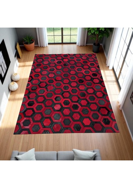 Kırmızı Siyah Dana Derisi Patchwork Halı – Altıgen Desenli El Yapımı Şık Salon Halısı fırsatları