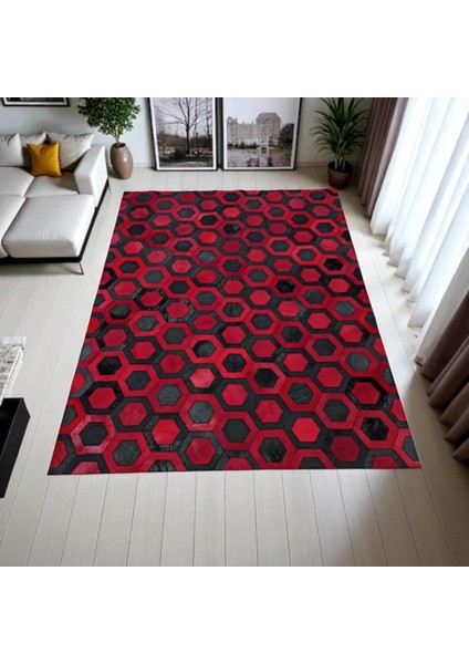 Kırmızı Siyah Dana Derisi Patchwork Halı – Altıgen Desenli El Yapımı Şık Salon Halısı indirimleri