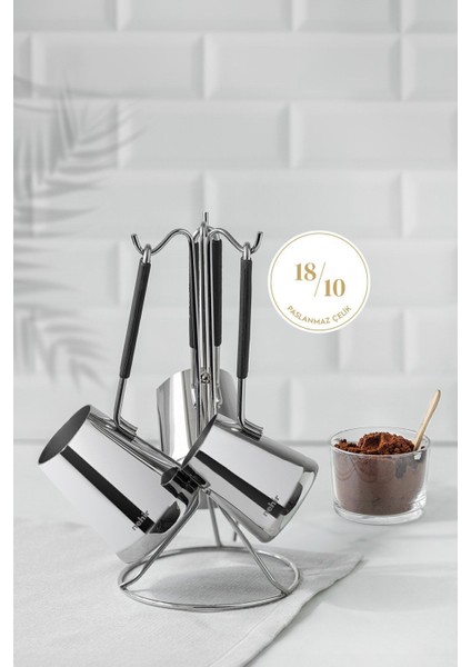 Paslanmaz Çelik 4 Parça Standlı Cezve Seti, Dayanıklı ve Şık Mutfak Gereci