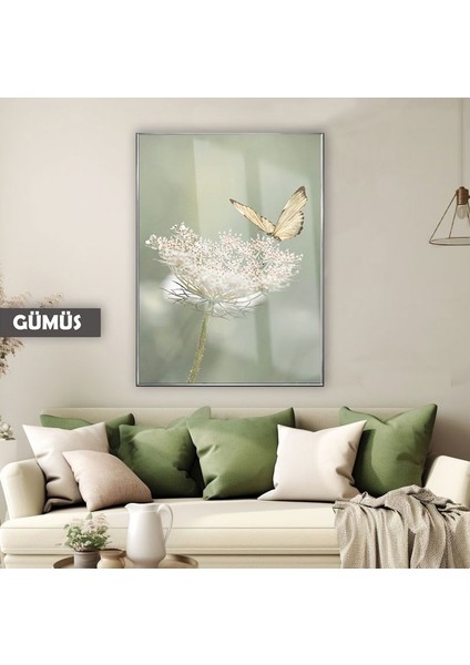 |soft Yeşil Kelebek Bitki Modeli X2 |çerçeveli Temperli Cam Tablo Tekli Dikey