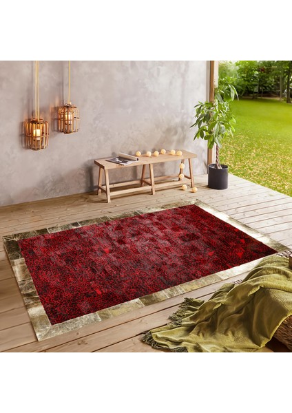 Altın Şeritli Kırmızı Dana Derisi Halı – El Dokuma Hakiki Deri Dekoratif Salon Halısı