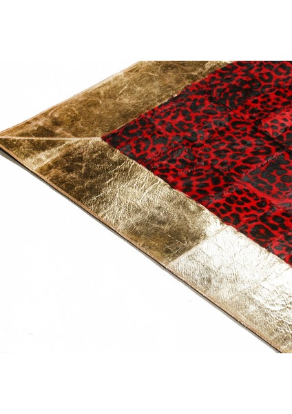 Altın Şeritli Kırmızı Dana Derisi Halı – El Dokuma Hakiki Deri Dekoratif Salon Halısı indirimleri