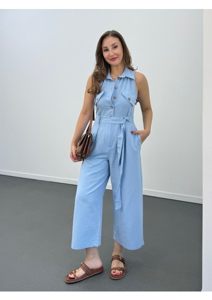 Myra Kahve Düğmeli Pamuk Keten Tulum