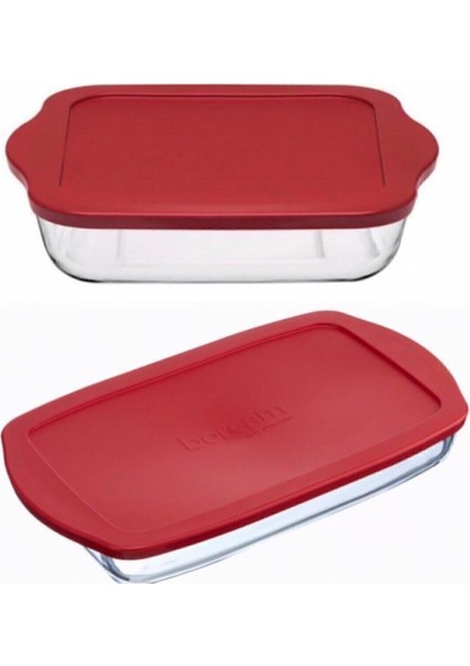 Kırmızı ve Turuncu Kapaklı Saklama Kabı Seti, Kare ve Dikdörtgen Boyutlarda, 2 Adet