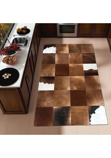 El Yapımı Kahverengi Beyaz Halı – Dana Derisi Şık Mutfak Halısı