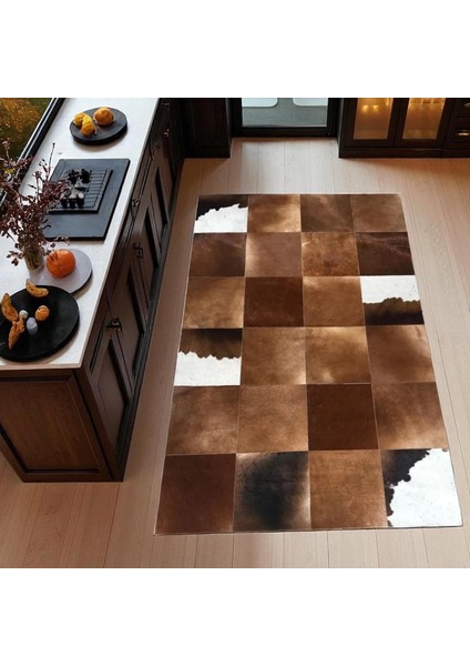 El Yapımı Kahverengi Beyaz Halı – Dana Derisi Şık Mutfak Halısı fırsatları