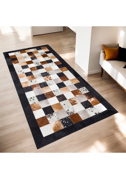 Kahverengi Tonları Dana Derisi Patchwork Halı – El Dokuma Hakiki Deri Lüks Koridor Halısı modelleri