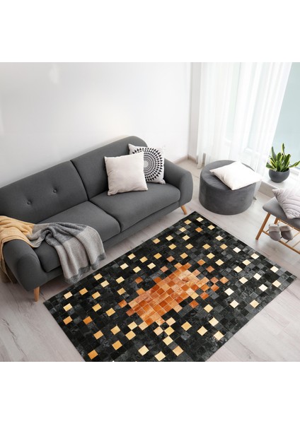 Kare Desenli Üç Renkli Dana Derisi Halı – El Yapımı Hakiki Deri Patchwork Şık Giriş Halısı
