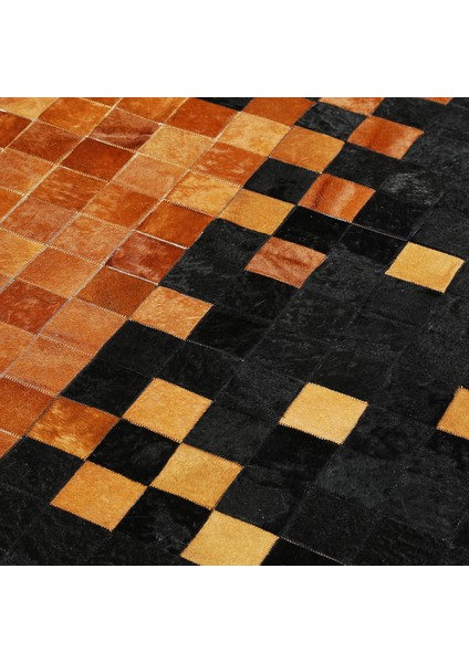 Kare Desenli Üç Renkli Dana Derisi Halı – El Yapımı Hakiki Deri Patchwork Şık Giriş Halısı indirimleri