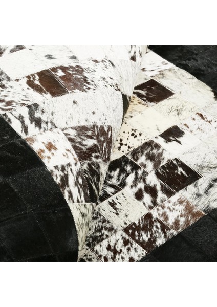 Siyah ve Beyaz Doğal Dana Derisi Patchwork Halı – El Dokuma Hakiki Deri Dekoratif Koridor Halısı modelleri