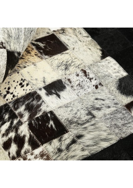 Siyah ve Beyaz Doğal Dana Derisi Patchwork Halı – El Dokuma Hakiki Deri Dekoratif Koridor Halısı indirimleri