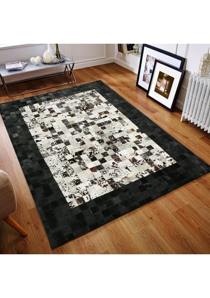 Beyaz Siyah Dana Derisi Patchwork Halı – El Yapımı Hakiki Deri Şık Ev Dekorasyonu Halısı