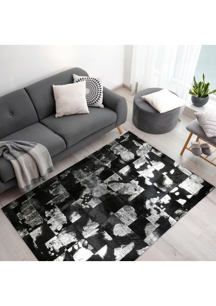 Siyah ve Gümüş Dana Derisi Patchwork Halı, Hakiki Dana Derisi Halı, Kaymaz Halı