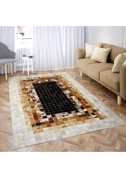 Bej Kahverengi Doğal Dana Derisi Patchwork Halı – El Yapımı Hakiki Deri Dekoratif Mutfak Halısı