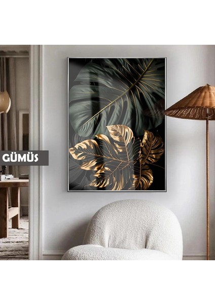 |siyah Altın Yapraklar Makro Model|çerçeveli Temperli Cam Tablo Tekli Dikey