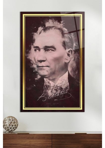 Gold Şeritli Bordo Atatürk Imzalı Cam Tablo, Ev ve Ofis Dekoru Hediyelik Duvar Dekorasyonu