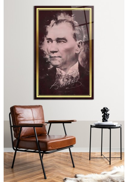 Gold Şeritli Bordo Atatürk Imzalı Cam Tablo, Ev ve Ofis Dekoru Hediyelik Duvar Dekorasyonu fiyatları