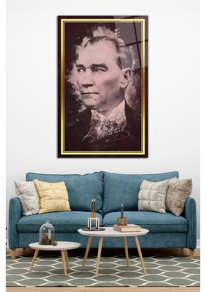 Gold Şeritli Bordo Atatürk Imzalı Cam Tablo, Ev ve Ofis Dekoru Hediyelik Duvar Dekorasyonu modelleri