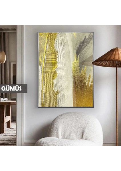 |tüy Desen Gri Altın Soyut Elegant Model |çerçeveli Temperli Cam Tablo Tekli Dikey