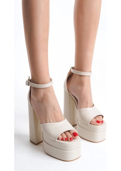 Kadın Elina Tek Bantlı Bej Cilt 15 cm Platform Topuklu Ayakkabı modelleri
