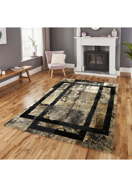Siyah ve Altın Rengi Dana Derisi Patchwork Halı, Modern Tasarımlı Kaymaz Halı