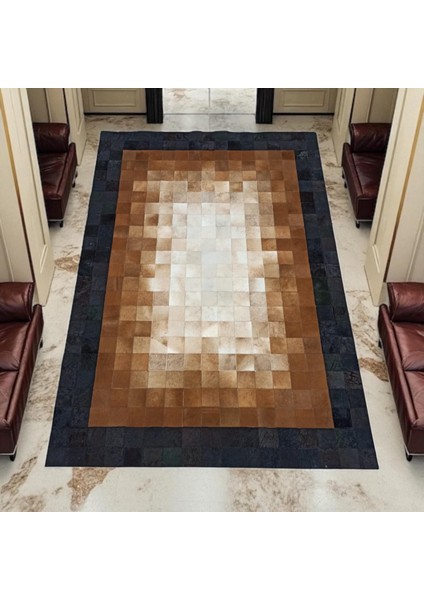 El Yapımı Dana Derisi Patchwork Halı – Kahverengi Tonlarda Doğal Ortam Halısı