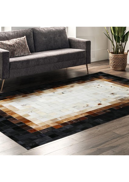 Siyah Beyaz Doğal Dana Derisi Düz Halı – El Yapımı Hakiki Deri Şık Giriş Halısı