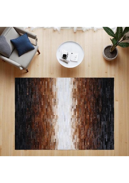 Kahve Krem Dana Derisi Patchwork Halı – El Dokuma Hakiki Deri Şık Salon Halısı