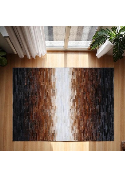 Kahve Krem Dana Derisi Patchwork Halı – El Dokuma Hakiki Deri Şık Salon Halısı fiyatları