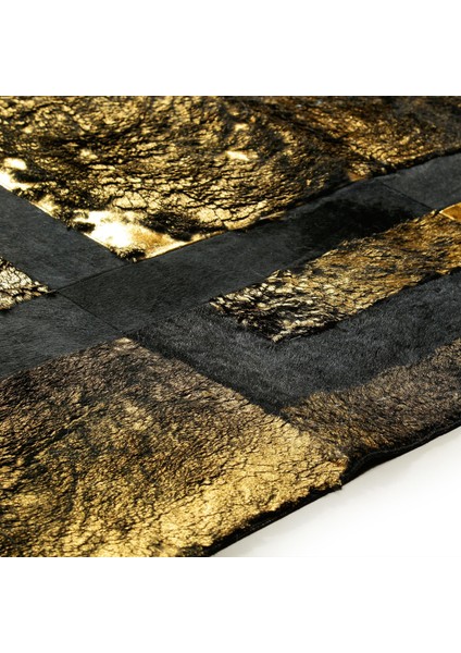 Siyah ve Altın Rengi Dana Derisi Patchwork Halı, Modern Tasarımlı Kaymaz Halı modelleri