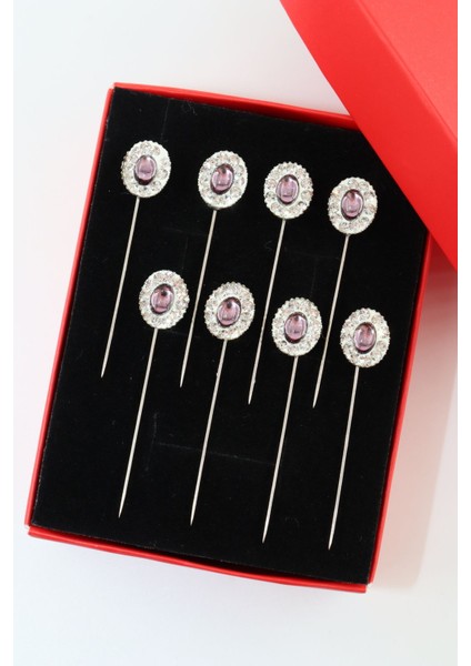 8’li Mor Kristal Taşlı Eşarp Iğnesi. Şal Iğnesi. Türban Iğnesi. Başörtü Iğnesi. Eşarp ve Şal Iğnesi