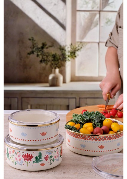 Bej Emaye Sedef 3'lü Saklama Kabı Seti 14-18-18 cm