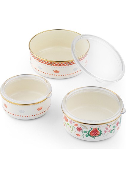 Bej Emaye Sedef 3'lü Saklama Kabı Seti 14-18-18 cm