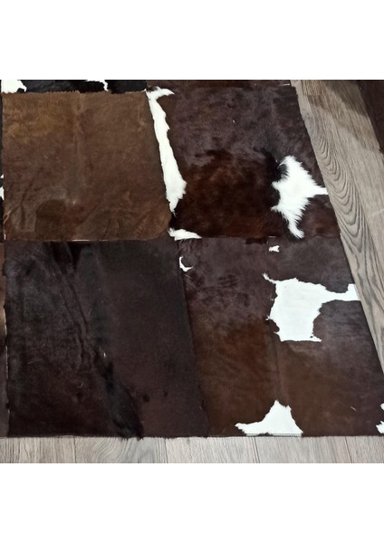 Koyu Kahverengi ve Beyaz Dana Derisi Patchwork Halı – Doğal ve El Yapımı Şık Halı fiyatları