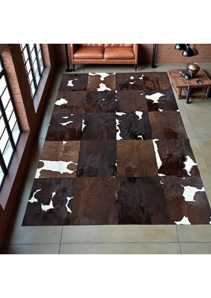 Koyu Kahverengi ve Beyaz Dana Derisi Patchwork Halı – Doğal ve El Yapımı Şık Halı fırsatları